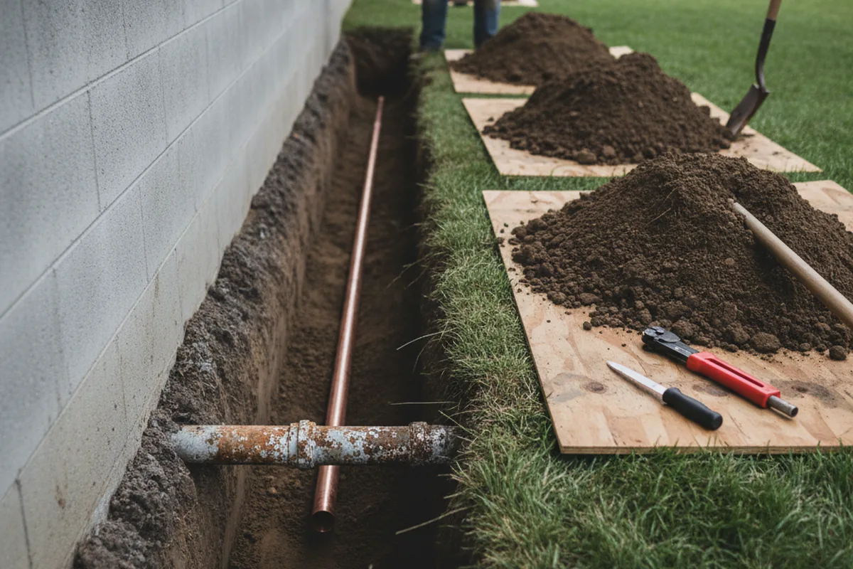 Excavated water line trench during Water Softener Installation in Lawrenceburg